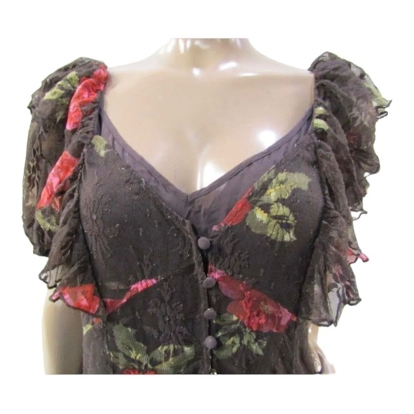 NWT FREE PEOPLE Brown Red Floral Lace Button Front Flutter Sleeve Maxi Dress XS - Picture 10 of 14